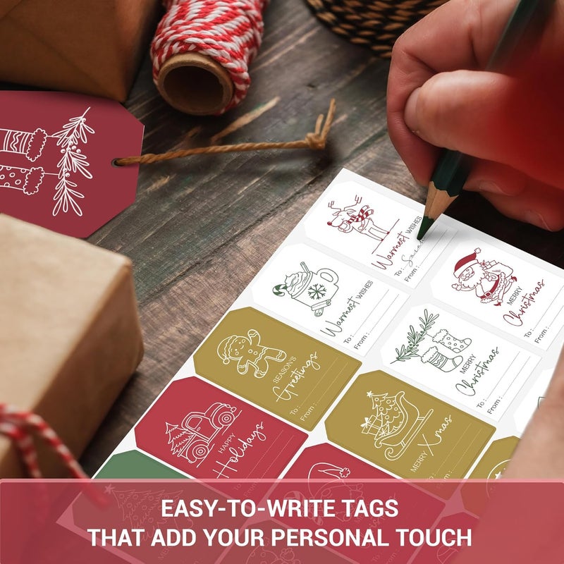 AUDREE 210 Pcs Christmas Gift Tags Stickers - Self-Adhesive Red, Green & Gold Holiday Label Set - 15 Festive Designs for Xmas Gifts, Boxes, Cards & Wrapping - Image 3